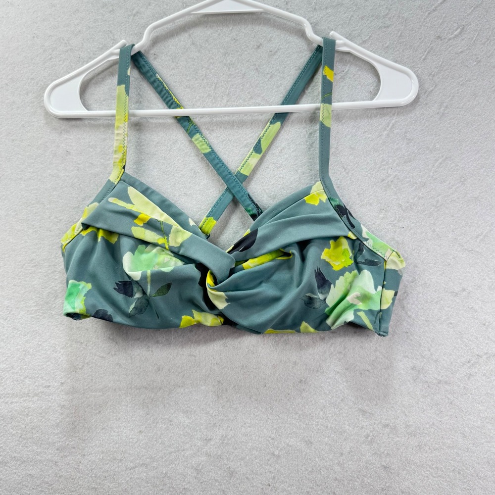 Athleta Bikini Top ONLY Women 34B/C Teal Floral Twist Front X-Back Swimsuit